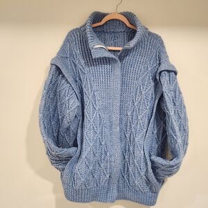Handknit Blue Chunky Cable-Knit Zippered Cardigan Coat
